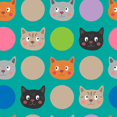 Seamless vector pattern with cat faces on a green background. Cute cats for children.