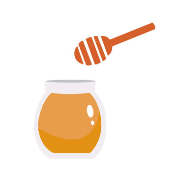 Delicious healthy honey in a jar and a honey spoon. Hand drawn colored trendy vector illustration. Cartoon style flat design.