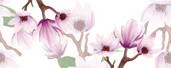 horizontal border with watercolor magnolia flowers