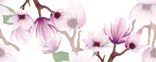 horizontal border with watercolor magnolia flowers © Andreea Eremia 