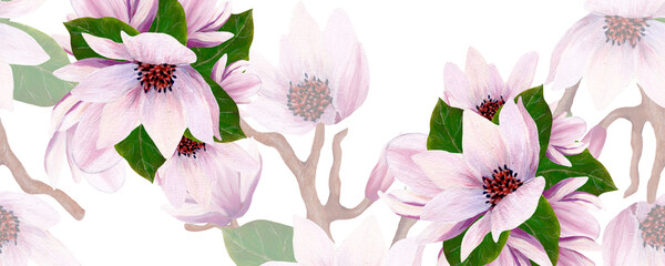 horizontal border with watercolor hand painted magnolia flowers © Andreea Eremia 