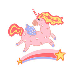 Obraz na płótnie Canvas Cute unicorn with a rainbow. Flat design of a children s character in the cartoon style. For children s items, postcards, t-shirt design, toys. Isolated on a white background. Vector illustration