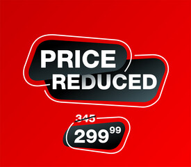 Price Reduced banner - creative decorated mesage on red background - crossed old price and the cheaper one - vector promo poster