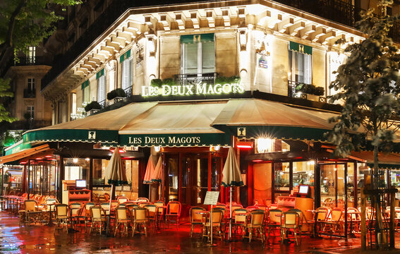 Paris, France-October 25, 2017: The famous cafe Les deux magots located on Saint-Germain boulevard .It was once home for to intellectual stars , from Hemingway to Picasso.