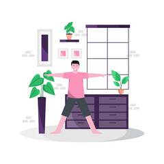 Flat vector illustration of doing yoga exercises at home every morning to maintain a healthy body