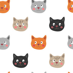 Seamless vector pattern with cat faces on a white background. Cute cats for children.