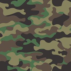 Camouflage seamless pattern background. Classic clothing style masking camo repeat print. Green brown black olive colors forest texture. Design element. Vector illustration.