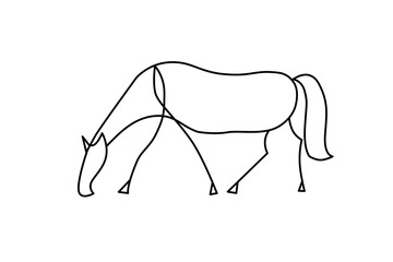 curved line drawing of grazing horse bending down as abstracted graphic symbol of grassland or pasture 