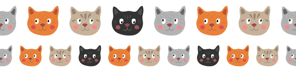 Seamless vector border with cat faces on a white background. Cute cats for children.