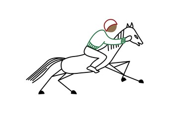 tree colours curved lines drawing with small volume filled with beige hue indicating riders face as abstracted graphic symbol of show jumping or horse raising venue
