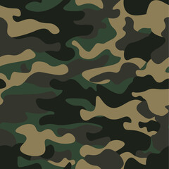 Camouflage seamless pattern background. Classic clothing style masking camo repeat print. Green brown black olive colors forest texture. Design element. Vector illustration.