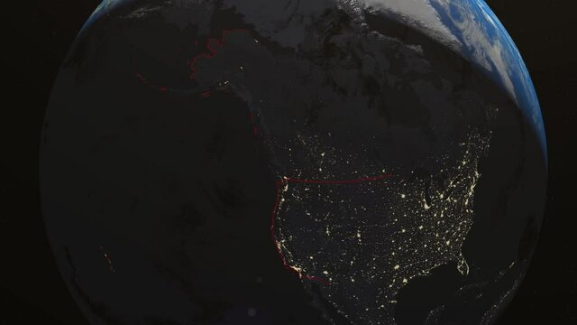 Seamless Looping 3d animated earth showing the boarders of the USA and the state Ohio at night in 4K resolution