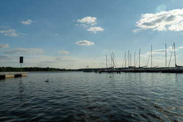 Fototapeta premium Lake view on a sunny summer day. Time for rest and vacation.