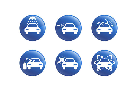 Car washing icon set - services and equipment of car wash - glossy icons of six auto washing options  