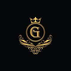 Golden letter G logo Luxury letter with crown.  Monogram alphabet . Beautiful royal initials letter. template logo for design 
