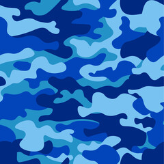 Camouflage pattern background seamless vector illustration. Classic clothing style masking camo repeat print. Blue colors marines texture