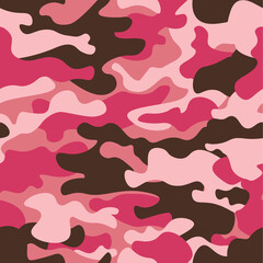 Camouflage seamless pattern background. Classic clothing style masking camo repeat print. Pink orchid rose ruby colors forest texture. Design element. Vector illustration.