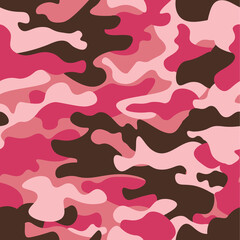 Camouflage seamless pattern background. Classic clothing style masking camo repeat print. Pink orchid rose ruby colors forest texture. Design element. Vector illustration.