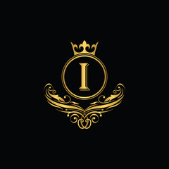 Golden letter I logo Luxury letter with crown.  Monogram alphabet . Beautiful royal initials letter. template logo for design 

