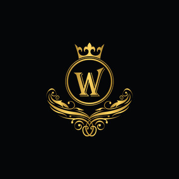 Golden letter W  logo Luxury letter with crown.  Monogram alphabet . Beautiful royal initials letter. template logo for design 
