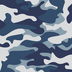 Camouflage pattern background. Classic clothing style masking camo repeat print. Blue, navy cerulean grey colors forest texture. Design element. Vector illustration. - obrazy, fototapety, plakaty