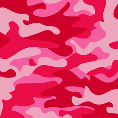 Camouflage pattern background. Classic clothing style masking camo repeat print. Pink orchid rose ruby colors forest texture. Design element. Vector illustration.
