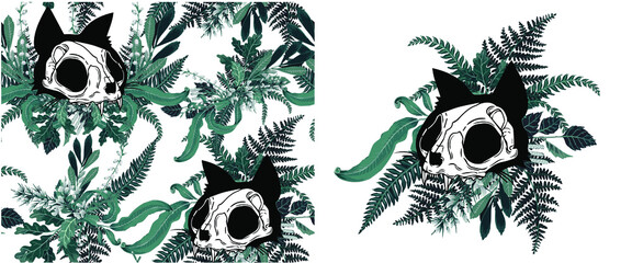 Fototapeta premium Skull of a cat. Cat silhouette. Tattoo, Boho print, poster, t-shirt. textiles Vintage engraving. Vintage style. Traditional art tattoos. Blackwork.
