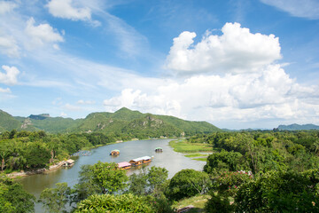 Fototapeta na wymiar Beautiful landscape river kwai and blue sky backgrounds in Kanchanaburi province, Thailand