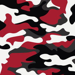 Fototapeta premium Camouflage pattern background. Classic clothing style masking camo repeat print. Red white black colors forest texture. Design element. Vector illustration.