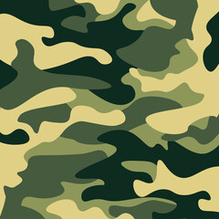 Camouflage pattern background. Classic clothing style masking camo repeat print. Green brown black olive colors forest texture. Design element. Vector illustration.
