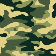 Camouflage pattern background. Classic clothing style masking camo repeat print. Green brown black olive colors forest texture. Design element. Vector illustration.