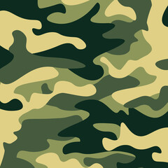 Camouflage pattern background. Classic clothing style masking camo repeat print. Green brown black olive colors forest texture. Design element. Vector illustration.
