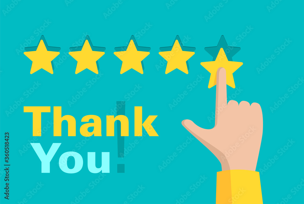 Poster Thank You for 5 stars rated feedback - maximum saticfaction positive review illustration with yellow stars and human hand - Posters