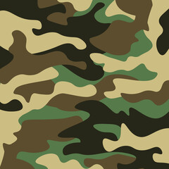 Fototapeta premium Camouflage pattern background. Classic clothing style masking camo repeat print. Green brown black olive colors forest texture. Design element. Vector illustration.