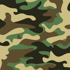 Camouflage pattern background. Classic clothing style masking camo repeat print. Green brown black olive colors forest texture. Design element. Vector illustration.