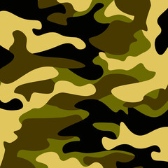 Camouflage pattern background. Classic clothing style masking camo repeat print. Green brown black olive colors forest texture. Design element. Vector illustration.