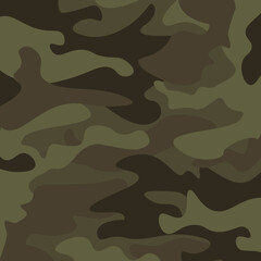 Camouflage pattern background. Classic clothing style masking camo repeat print. Green brown black olive colors forest texture. Design element. Vector illustration.
