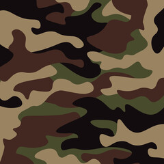 Naklejka premium Camouflage pattern background. Classic clothing style masking camo repeat print. Green brown black olive colors forest texture. Design element. Vector illustration.