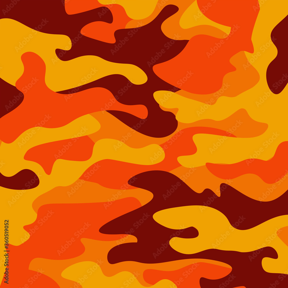 Wall mural Camouflage pattern background. Classic clothing style masking camo repeat print. Fire orange brown yellow colors forest texture. Design element. Vector illustration. - Wall murals
