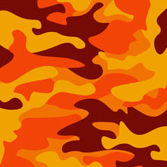 Camouflage pattern background. Classic clothing style masking camo repeat print. Fire orange brown yellow colors forest texture. Design element. Vector illustration.