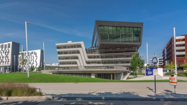Modern buildings with library and Learning Center Of Vienna University of Economics and Business timelapse hyperlapse(Wirtschaftsuniversitat Wien) is the largest Business University in Europe. Blue