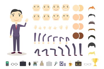 Businessman character creation set. Build your own design. Cartoon vector flat-style. White background. Vector illustration