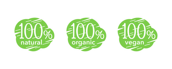 100 natural, 100 organic and vegan icons set for healthy eco products packaging - isolated vector badge in grungy style
