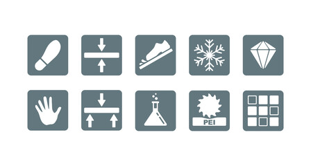 Ceramic tiles specification - characteristics icons - pictorgams set with wall and floor tiles, thickness, hardness, resistance, absorption icons for tile packaging