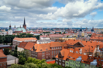Aerial view on Szczecin skyline with Cathedral Basilica of St James the Apostle and old orange brick buildings of the old town, Poland © Dawid