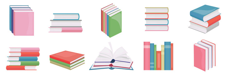 Flat books banner icons. Magazines with bookmark, history and open or closed textbook science pile of old book stack on shelf. Encyclopedia on library shelves vector isolated illustration symbol set