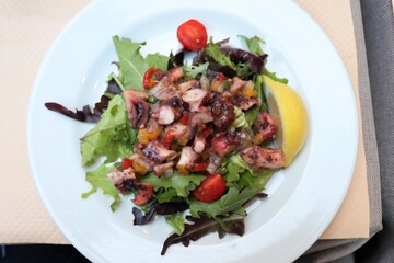 Salade de poulpe avec tomates cerises et salade verte dans une assiette blanche
