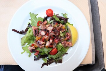 Salade de poulpe avec tomates cerises et salade verte dans une assiette blanche
