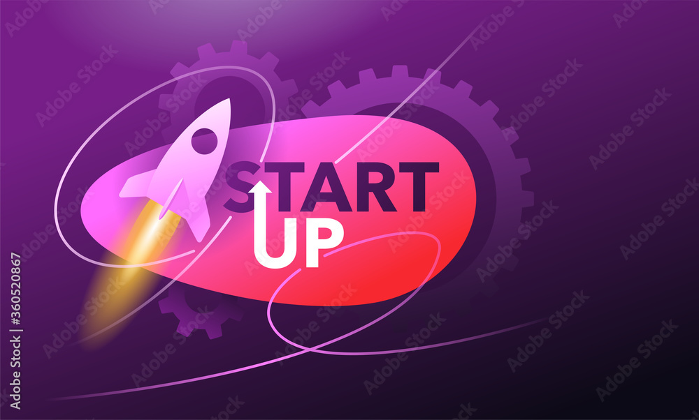 Poster startup banner - spaceship rocket launch and start up slogan on neon background