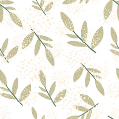 Hand drawn branches with leaves seamless pattern on grunge background. Decorative ornamental spring endless wallpaper. © smth.design